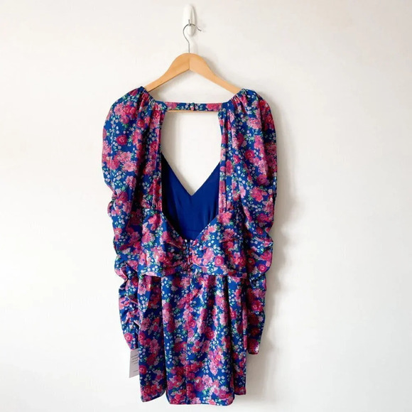 For Love & Lemons Puff Sleeve Open Back Annie Mini Dress Blue  Pink Floral Sz S - Picture 8 of 11